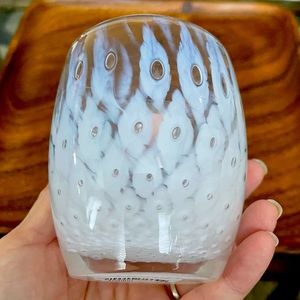 NWT GLASSBABY hand blown glass candle holder. Retired “YES” white with bubbles